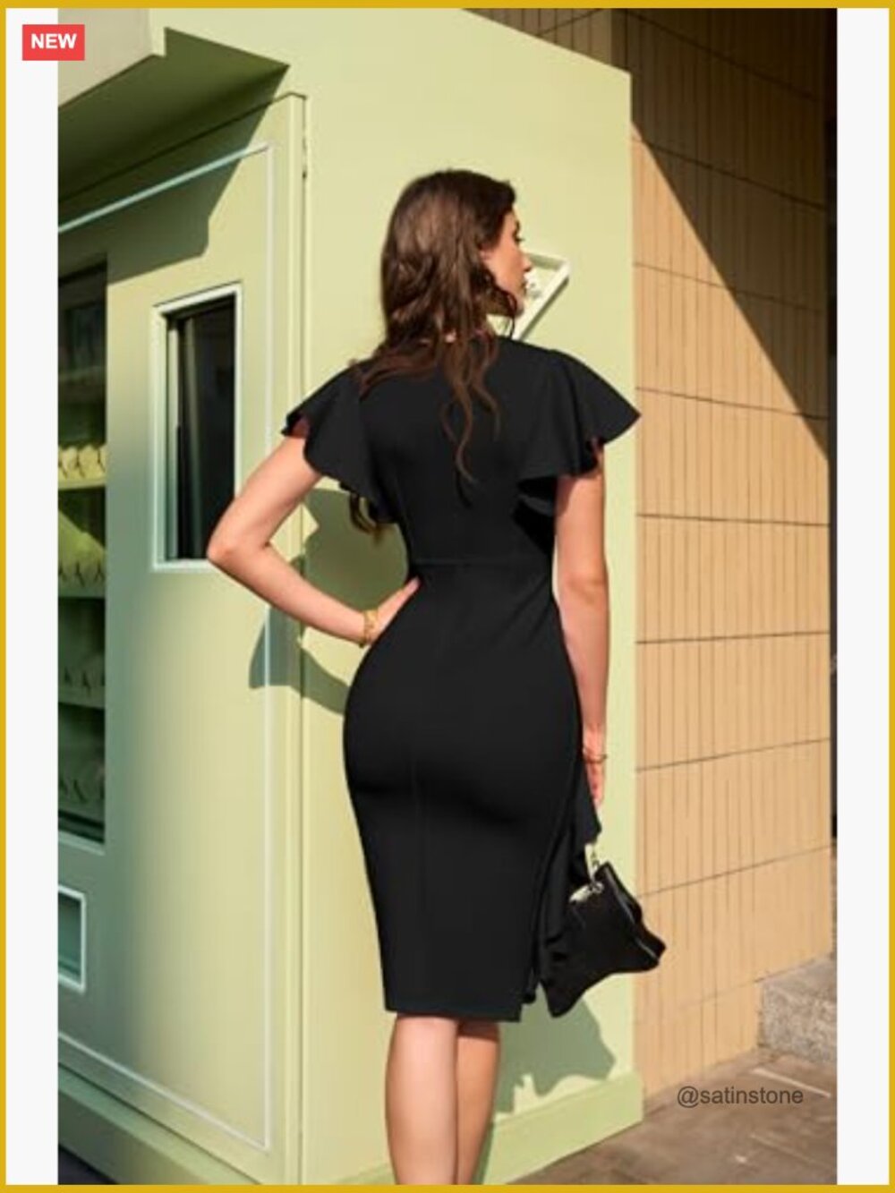 Vintage Church Ruffle Sleeve Ruched Bodycon Midi Pencil Dress - Picture 3 of 7